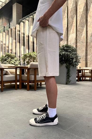 Krem Desenli Dokulu 12 Keten GO Relaxed Fit Şort