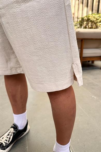 Krem Desenli Dokulu 12 Keten GO Relaxed Fit Şort