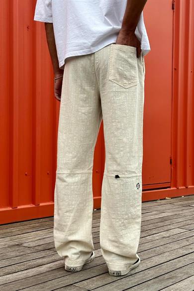 Krem Diz Nakış Detay Beli Lastikli R1 GO Keten Baggy Pantolon