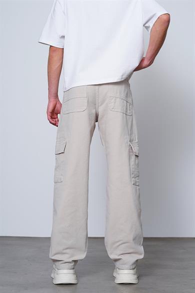 Krem Double Cep Detay  Dikiş Kargo Baggy Pantolon