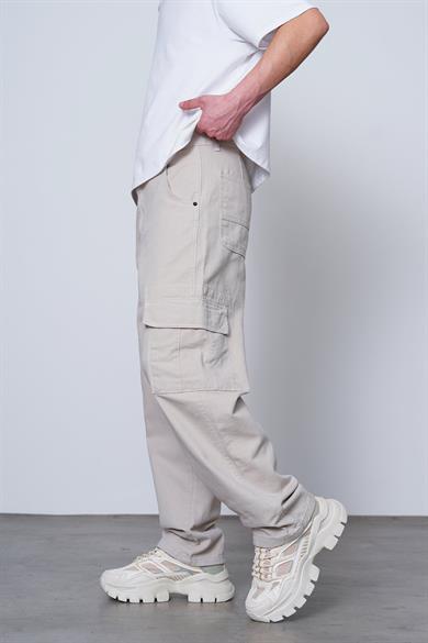 Krem Double Cep Detay  Dikiş Kargo Baggy Pantolon