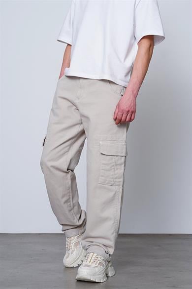 Krem Double Cep Detay  Dikiş Kargo Baggy Pantolon