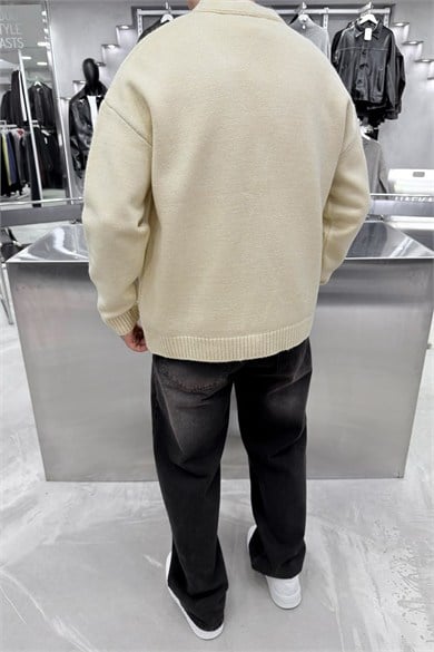 Krem Düğmeli V Yaka Oversize Triko Hırka