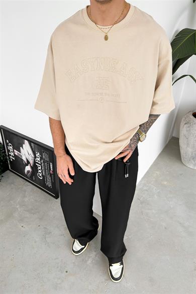 Krem Easy Nakış Detay Oversize Tişört