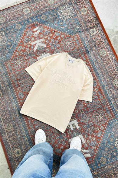 Krem Easy Nakış Detay Oversize Tişört