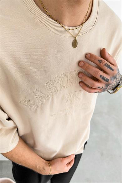 Krem Easy Nakış Detay Oversize Tişört