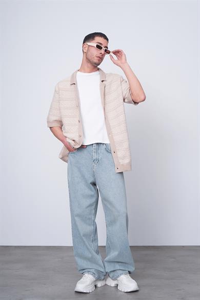 Krem Etnik İnce Örme Triko CH Oversize Hırka