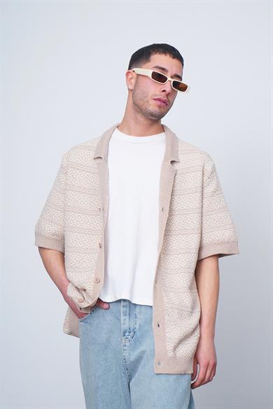 Krem Etnik İnce Örme Triko CH Oversize Hırka