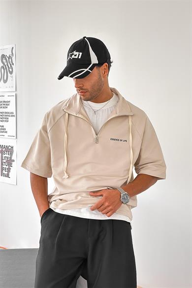 Krem Fermuarlı EE Oversize Polo Yaka Tişört