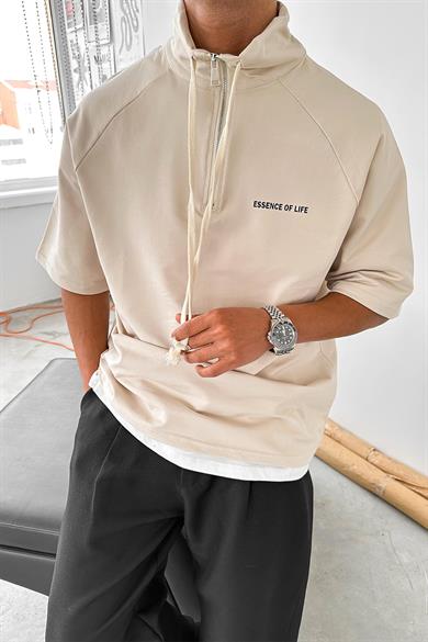 Krem Fermuarlı EE Oversize Polo Yaka Tişört