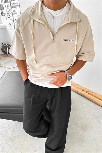 Krem Fermuarlı EE Oversize Polo Yaka Tişört