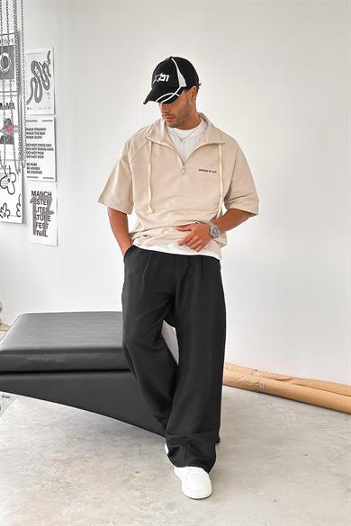 Krem Fermuarlı EE Oversize Polo Yaka Tişört