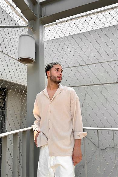 Krem Fitilli Basic 25 MH Oversize Gömlek