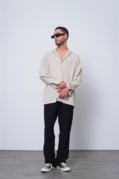 Krem Fitilli Basic 25 MH Oversize Gömlek