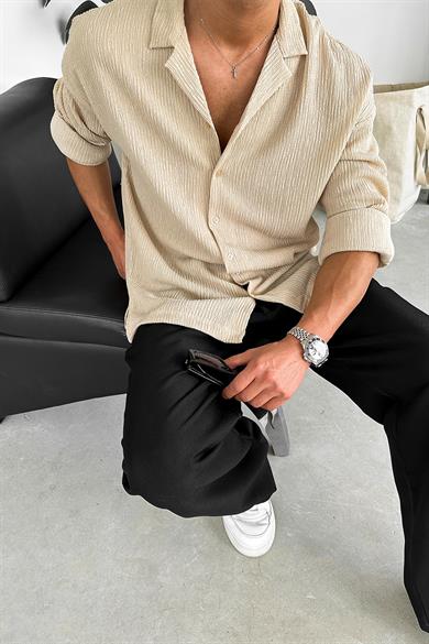 Krem Fitilli Basic Oversize Gömlek