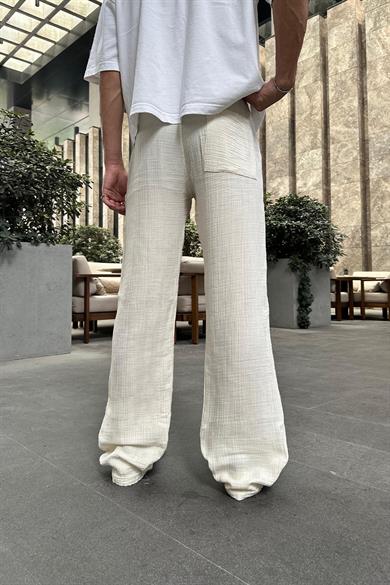 Krem Fitilli Beli Lastikli Keten GO Baggy Pantolon