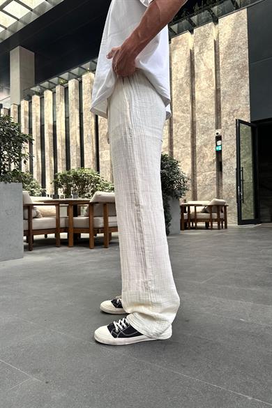 Krem Fitilli Beli Lastikli Keten GO Baggy Pantolon