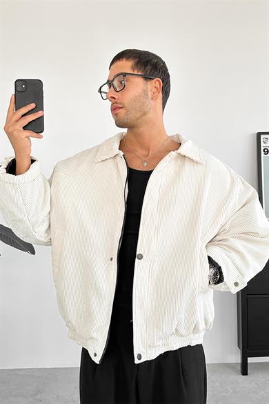 Krem Fitilli Kadife Oversize Mont