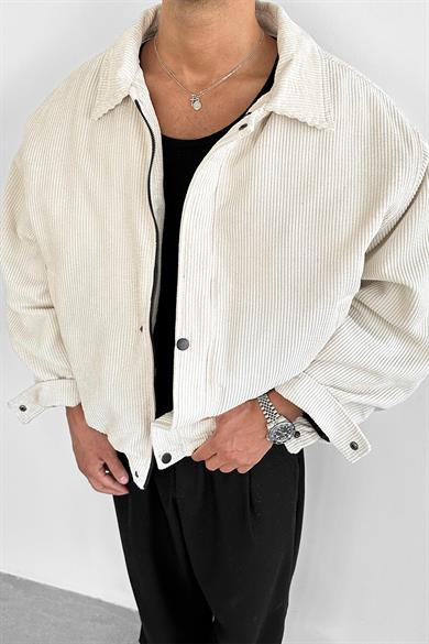 Krem Fitilli Kadife Oversize Mont