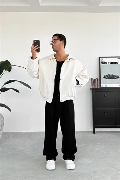 Krem Fitilli Kadife Oversize Mont