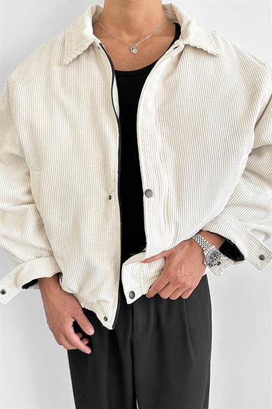 Krem Fitilli Kadife Oversize Mont