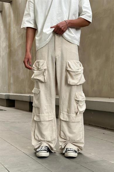 Krem Full Cep Detay R2 GO Keten Ekstra Bol Baggy Pantolon
