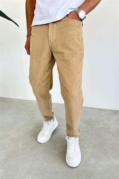 Krem Kadife Fitilli Regular Pantolon