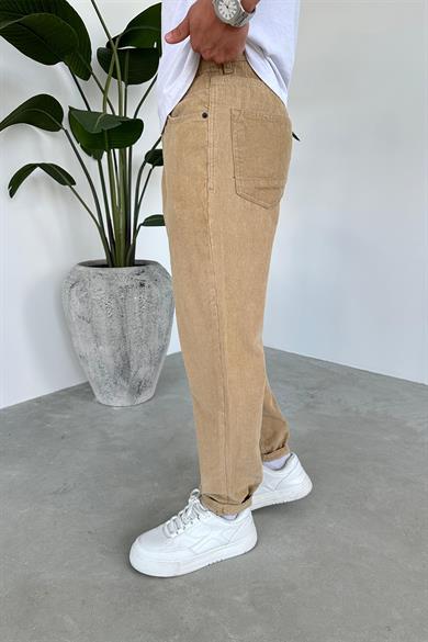 Krem Kadife Fitilli Regular Pantolon
