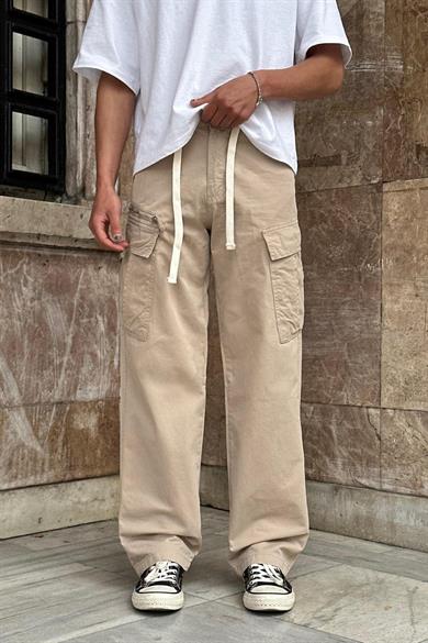 Krem Kargo Cepli Tek Fermuarlı Beli İpli CH Baggy Pantolon