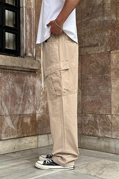 Krem Kargo Cepli Tek Fermuarlı Beli İpli CH Baggy Pantolon