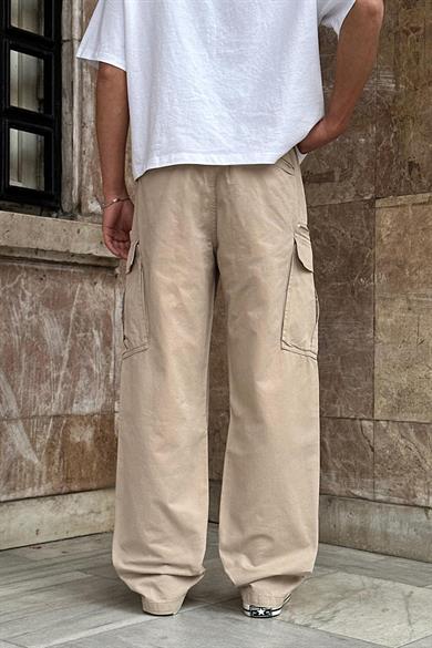 Krem Kargo Cepli Tek Fermuarlı Beli İpli CH Baggy Pantolon
