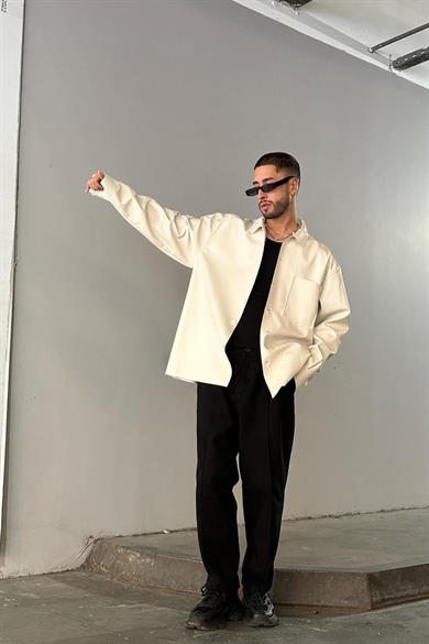 Krem Kesik Detay GO Oversize Deri Gömlek