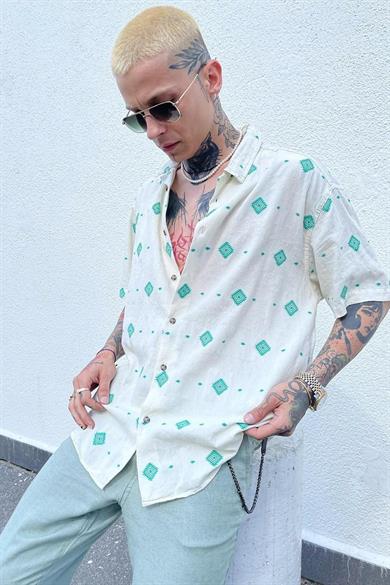 Krem Keten Etnik Yeşil Detay Oversize Gömlek