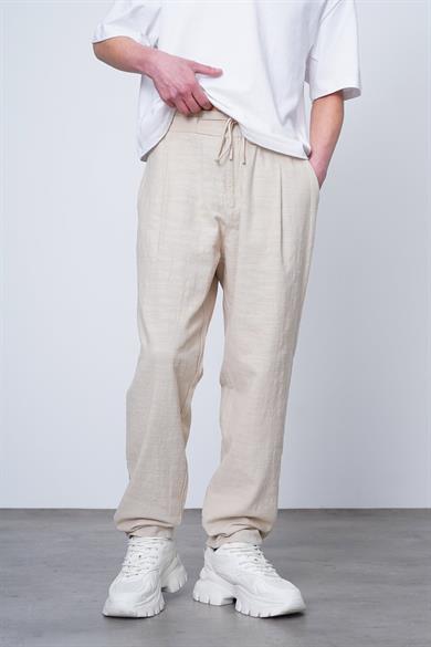 Krem Krem Basic Beli Lastikli E1 Keten CH Baggy Pantolon