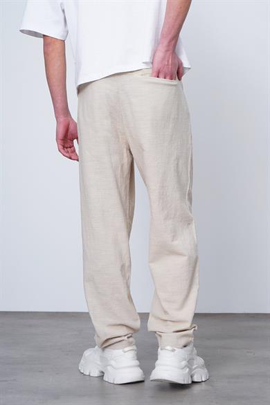 Krem Krem Basic Beli Lastikli E1 Keten CH Baggy Pantolon