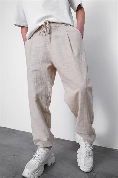 Krem Krem Basic Beli Lastikli E1 Keten CH Baggy Pantolon
