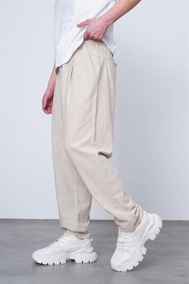 Krem Krem Basic Beli Lastikli E1 Keten CH Baggy Pantolon