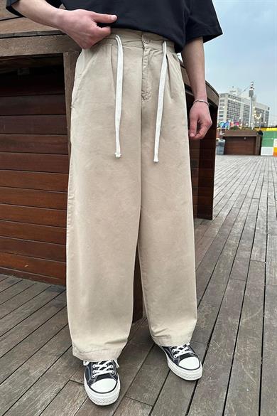Krem Krem Beli İp Detaylı 004 CH Ekstra Bol Baggy Pantolon