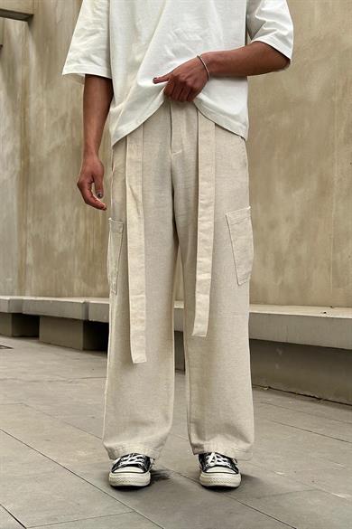 Krem Kuşak Detaylı Kargo Cepli R4 GO Keten Baggy Pantolon