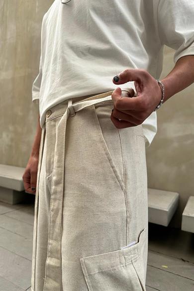 Krem Kuşak Detaylı Kargo Cepli R4 GO Keten Baggy Pantolon