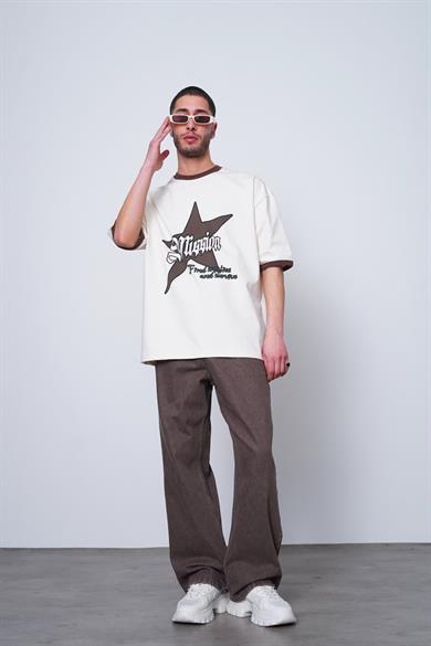 Krem Mission Kahverengi Detay PM Oversize Tişört
