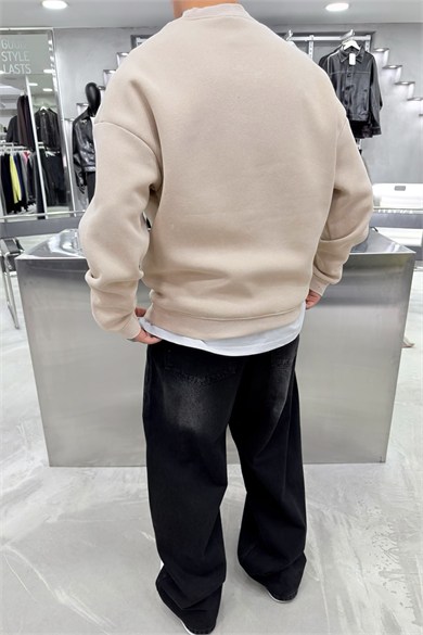 Krem Nakış Detaylı Yıkamalı Sweatshirt