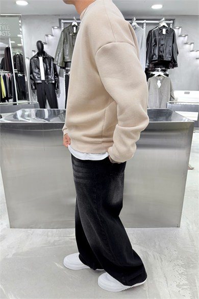 Krem Nakış Detaylı Yıkamalı Sweatshirt