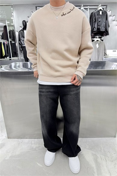 Krem Nakış Detaylı Yıkamalı Sweatshirt