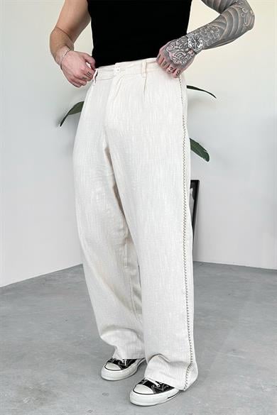 Krem Nakışlı Premium Keten Baggy Pantolon