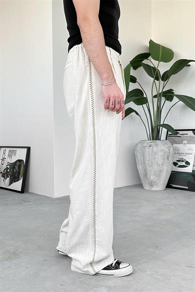 Krem Nakışlı Premium Keten Baggy Pantolon
