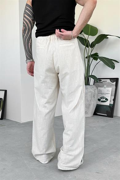 Krem Nakışlı Premium Keten Baggy Pantolon