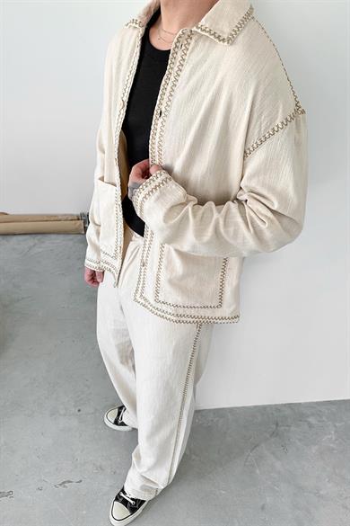 Krem Nakışlı Premium Keten Baggy Pantolon