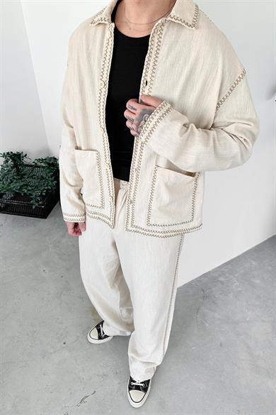 Krem Nakışlı Premium Keten Oversize Ceket
