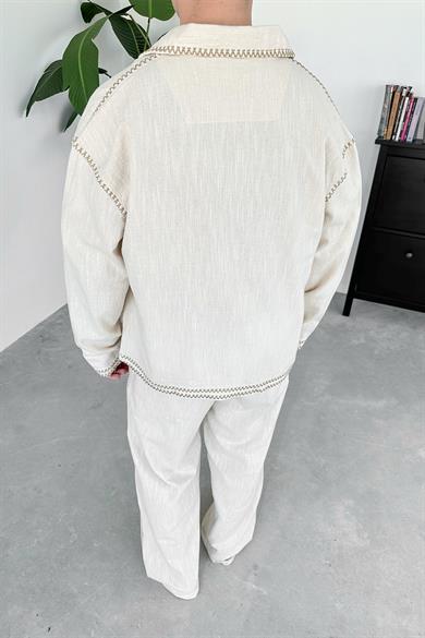 Krem Nakışlı Premium Keten Oversize Ceket
